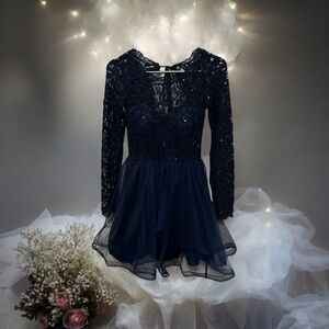 My Michelle Navy Long Sleeve Lace & Tulle Fit and Flare Dress